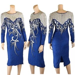 Alisha Vintage 80s Blue & White Beaded Silk Pageant Party Prom Dress sz S